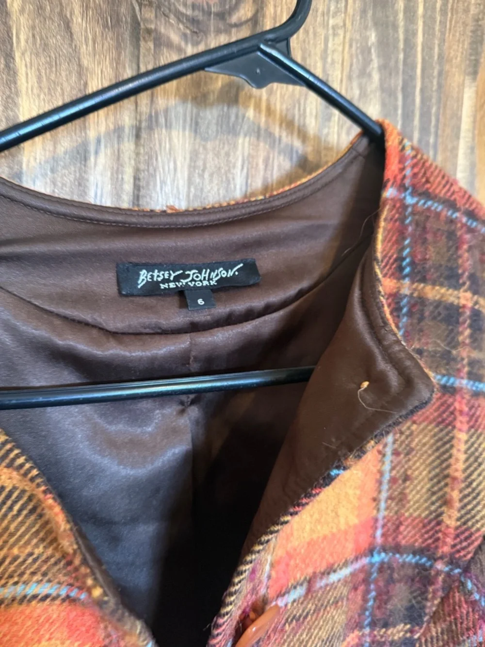 Betsey Johnson Orange and Brown Plaid Wool Coat - Picture 3 of 6